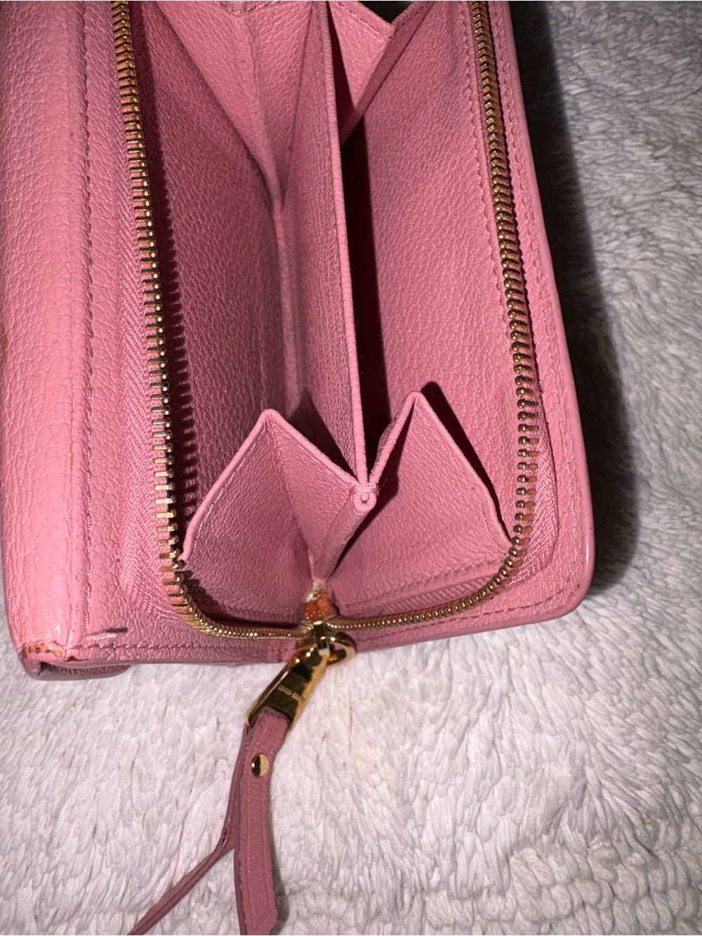 Miu Miu Rose Pink Zippy Leather Wallet with Gold Logo
